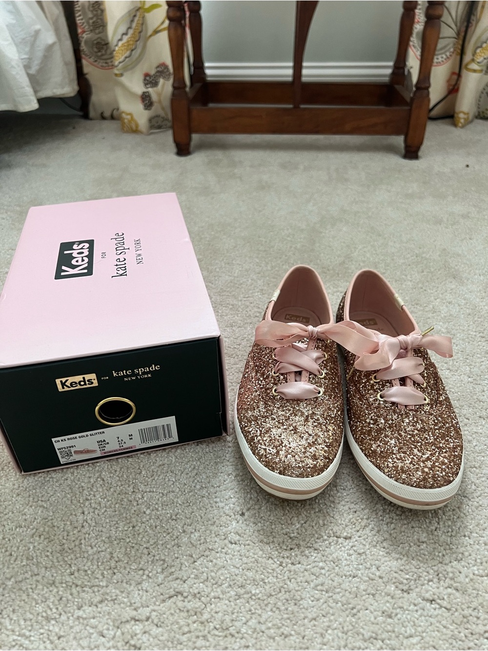kate spade Keds Women’s Rose Gold Glitter Sneakers with Pink Satin Laces